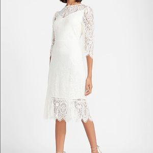 Express White Lace Ruffle Hem Sheath Dress